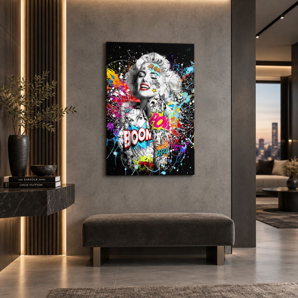 Marilyn Monroe Pop Art quadro moderno su tela con ritratto in bianco e nero, graffiti e colori vivaci per soggiorno moderno