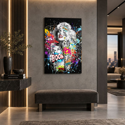 Marilyn Monroe Pop Art quadro moderno su tela con ritratto in bianco e nero, graffiti e colori vivaci per soggiorno moderno