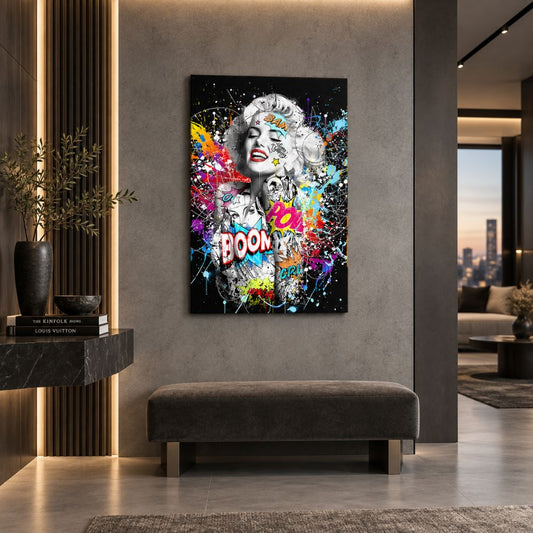 Marilyn Monroe Pop Art quadro moderno su tela con ritratto in bianco e nero, graffiti e colori vivaci per soggiorno moderno