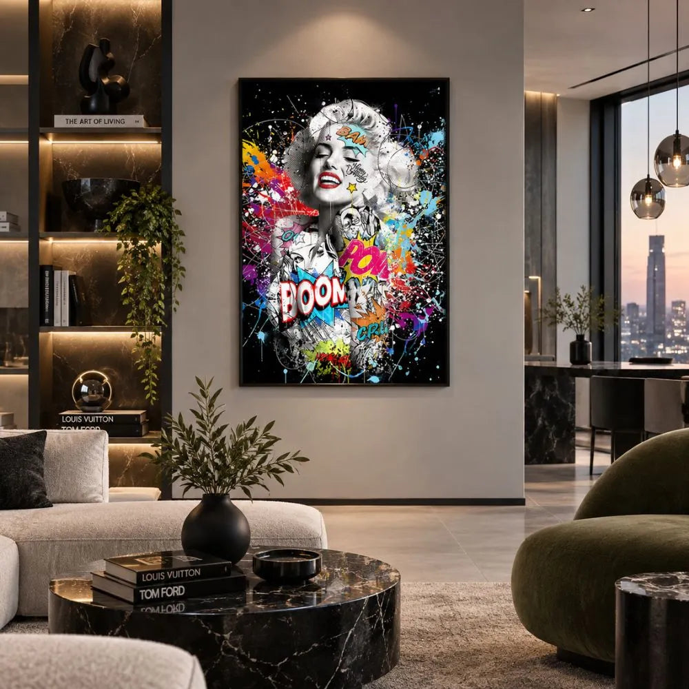 Marilyn Monroe Pop Art quadro moderno su tela con cornice nera del ritratto in bianco e nero, graffiti e colori vivaci per soggiorno moderno