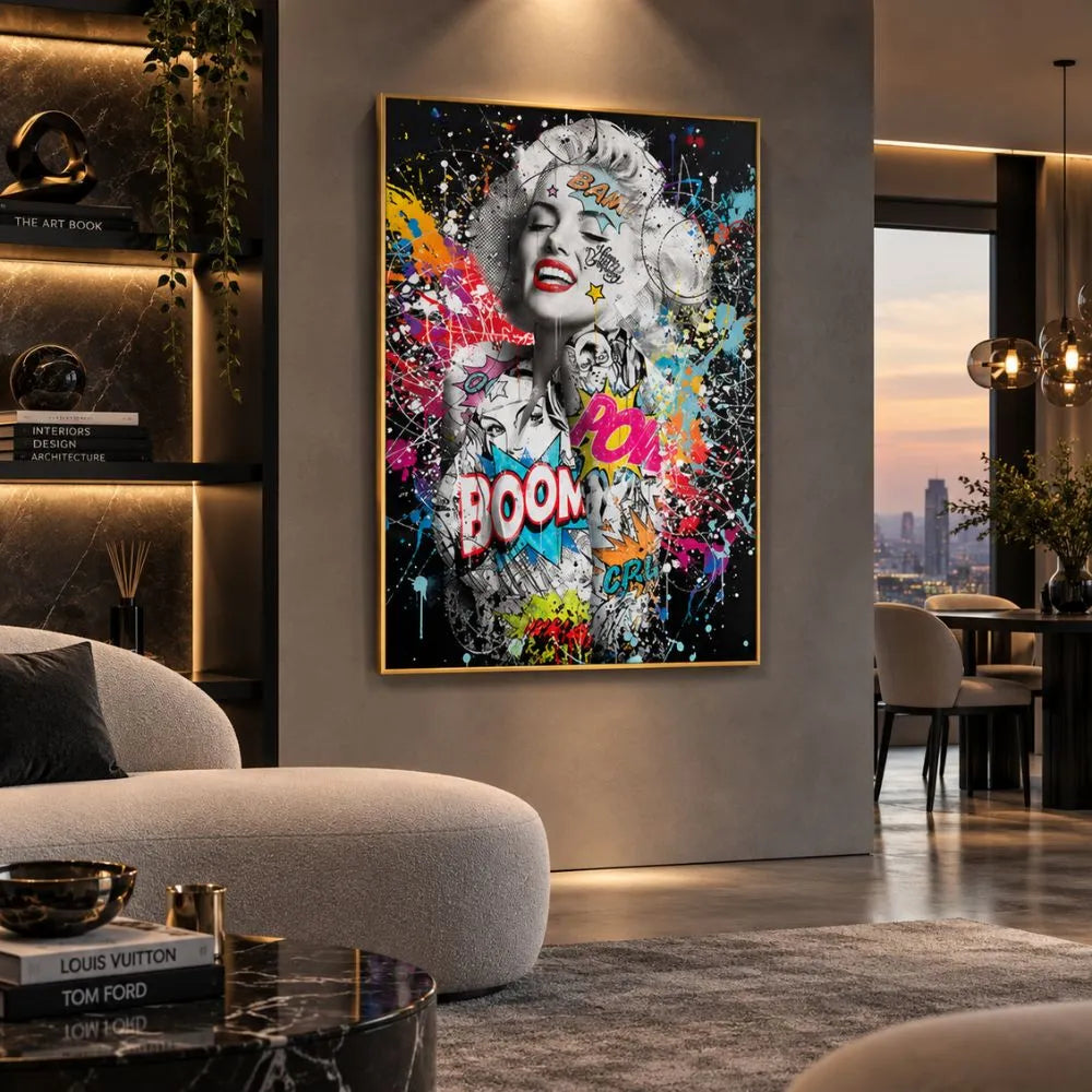 Marilyn Monroe Pop Art quadro moderno su tela con cornice oro del ritratto in bianco e nero, graffiti e colori vivaci per soggiorno moderno