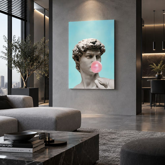 David con Palloncino quadro moderno su tela con statua del David e gomma da masticare rosa su sfondo azzurro, stile Pop Art per soggiorno moderno