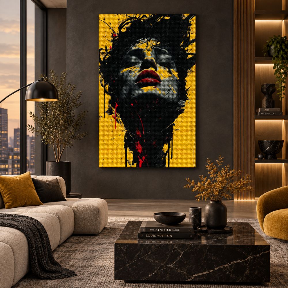 Quadro “Anima Invisibile”: volto femminile astratto con lineamenti neri su sfondo giallo su tela.