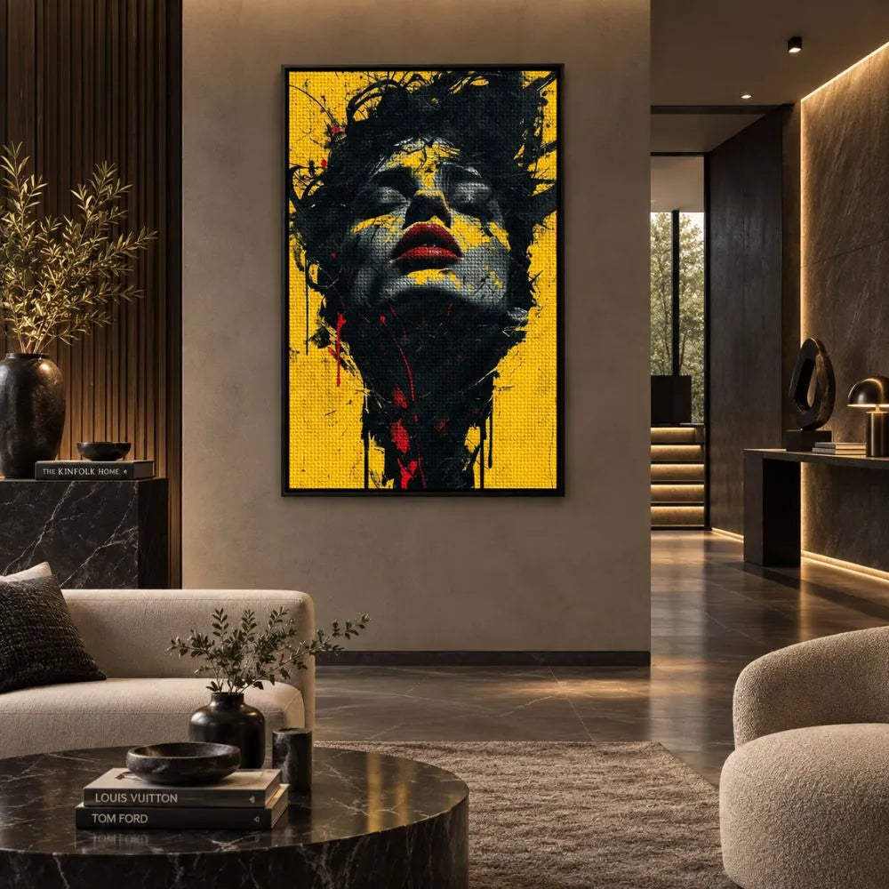 Quadro con cornice nera “Anima Invisibile”: volto femminile astratto con lineamenti neri su sfondo giallo su tela.