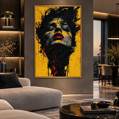 Quadro con cornice oro “Anima Invisibile”: volto femminile astratto con lineamenti neri su sfondo giallo su tela.