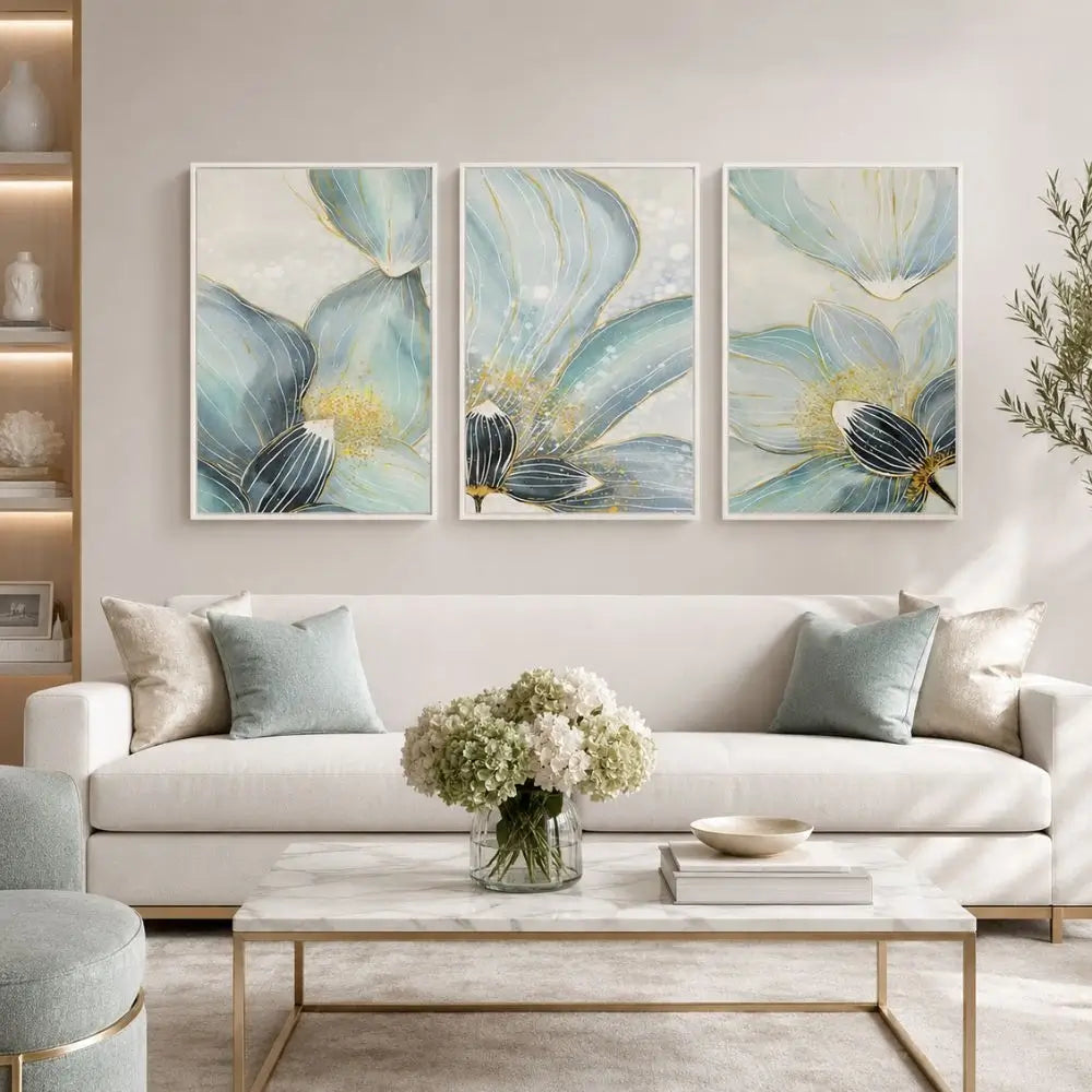 Trittico "Armonia Floreale": fiori blu pastello con dettagli dorati su sfondo grigio chiaro su tela.