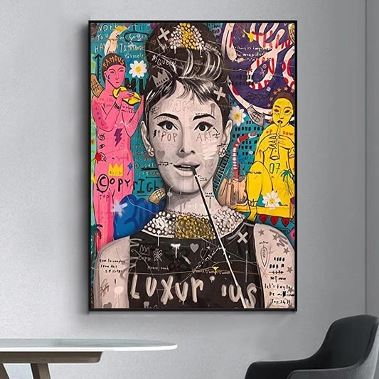Quadro “Audrey Hepburn Pop Art”: volto dell’attrice reinterpretato in stile pop art su tela.