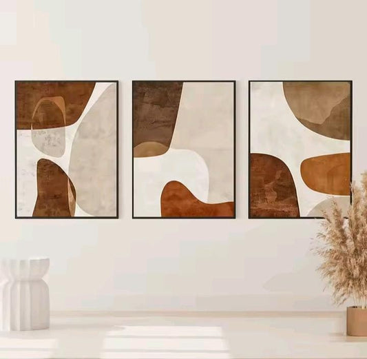 Set di 3 quadri “Essenza Astratta”: composizioni astratte su tela con linee fluide ed equilibrio visivo.