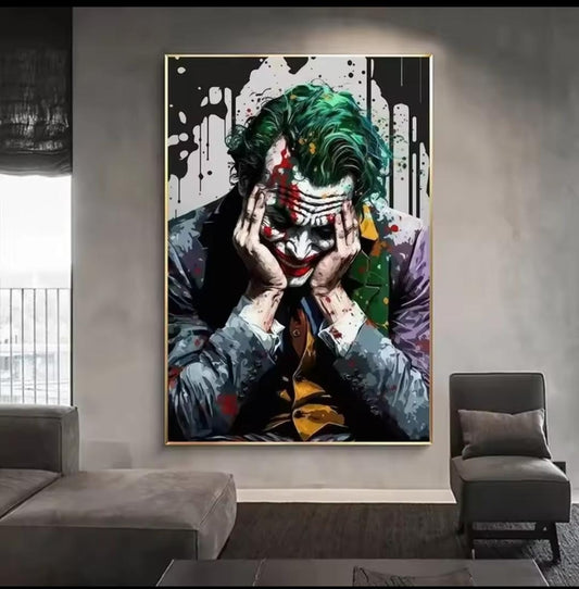 Quadro “Il Dolore di Joker”: riproduzione su tela dell’icona Joker con sguardo intenso e atmosfera drammatica.