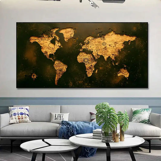 Quadro decorativo su tela raffigurante un mappamondo in oro e nero, stile moderno.