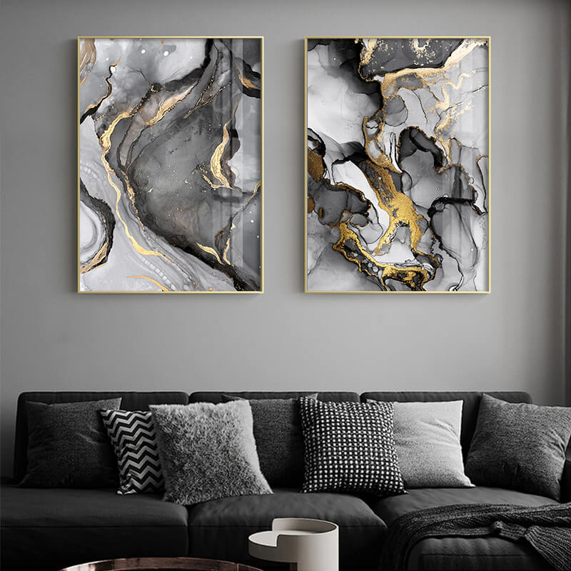 Set di due quadri “Marmo Astratto”: venature in grigio, nero e oro su tela moderna.