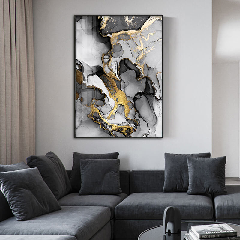  quadro “Marmo Astratto”: venature in grigio, nero e oro su tela moderna.