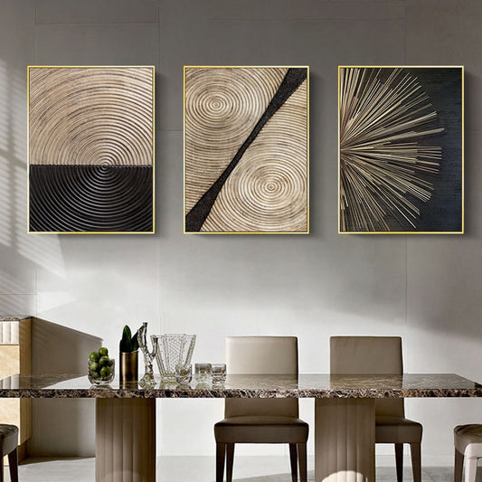 Set "Trittico Minimalista" appeso in soggiorno: trittico di quadri su tela con design astratto elegante