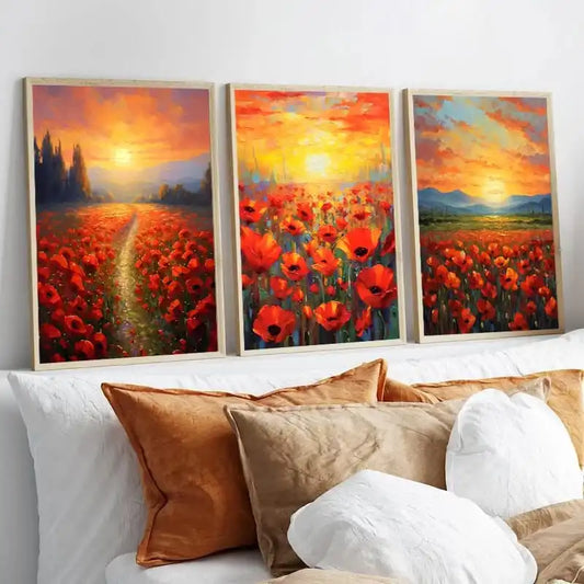 set di 3 Quadri decorativo su tela raffigurante un campo di tulipani al tramonto, ideale per ambienti moderni