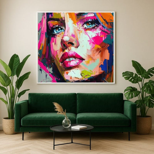 Quadro moderno con volto femminile astratto e colori vivaci, in un arredamento moderno con piante tropicali e divano in velluto verde