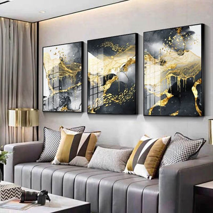Set di 3 Quadri  "Vortici Marmorei" appeso in soggiorno moderno: trittico su tela con effetto marmo elegante.