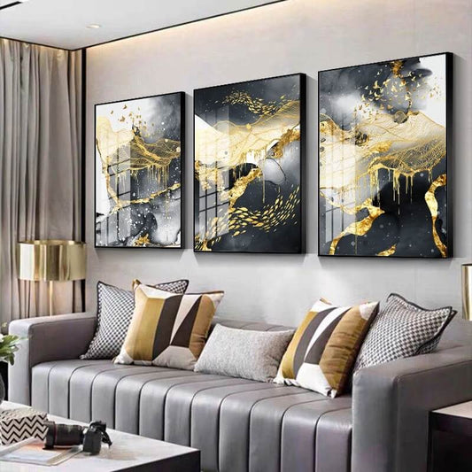 Set di 3 Quadri  "Vortici Marmorei" appeso in soggiorno moderno: trittico su tela con effetto marmo elegante.