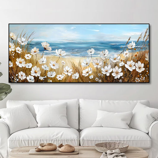 Quadro Profumo d’Estate con fiori bianchi e vista mare, ideale per arredare salotto e camera con uno stile elegante e naturale
