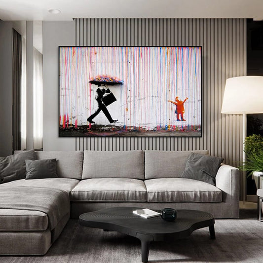 Quadro street art Businessman Under the Rain, uomo d’affari sotto la pioggia colorata, arte urbana moderna per arredamento originale