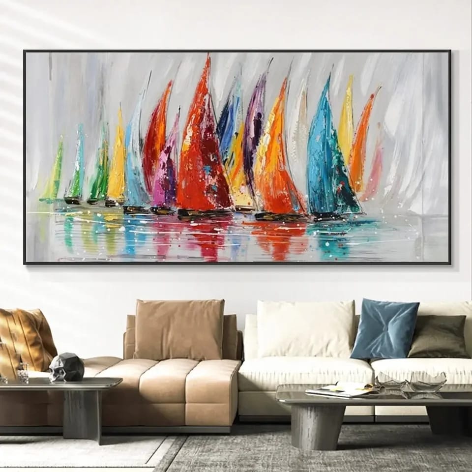 Regata di Emozioni Cromatiche: quadro barche a vela astratto con pennellate colorate che simulano il vento e le onde. Uno dei nostri quadri su tela marini più amati.