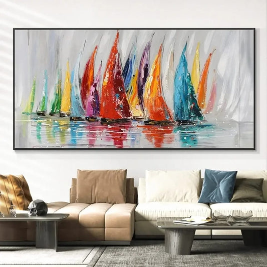 Regata di Emozioni Cromatiche: quadro barche a vela astratto con pennellate colorate che simulano il vento e le onde. Uno dei nostri quadri su tela marini più amati.