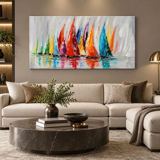 Regata di Emozioni Cromatiche è un quadro su tela di barche a vela astratto con pennellate colorate che simulano il vento e le onde. Uno dei nostri quadri su tela marini più amati.