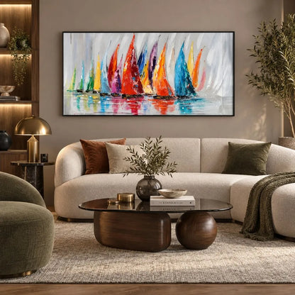 Regata di Emozioni Cromatiche è un quadro su tela con cornice nera di barche a vela astratto con pennellate colorate che simulano il vento e le onde. Uno dei nostri quadri su tela marini più amati.