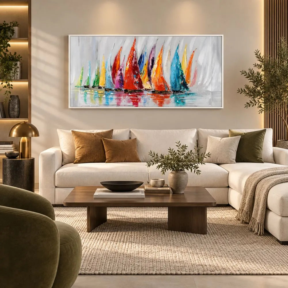 Regata di Emozioni Cromatiche è un quadro su tela con cornice bianca di barche a vela astratto con pennellate colorate che simulano il vento e le onde. Uno dei nostri quadri su tela marini più amati.