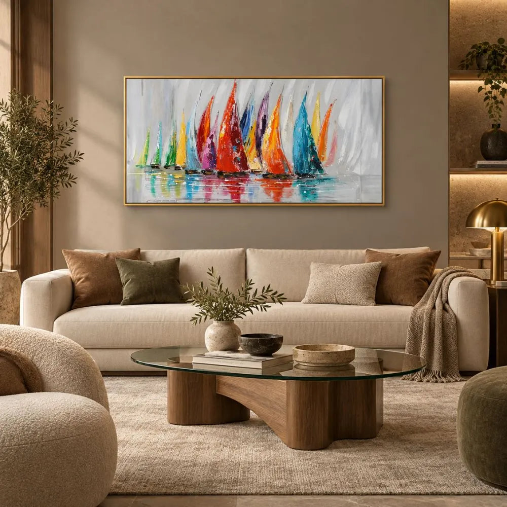 Regata di Emozioni Cromatiche è un quadro su tela con cornice oro di barche a vela astratto con pennellate colorate che simulano il vento e le onde. Uno dei nostri quadri su tela marini più amati.
