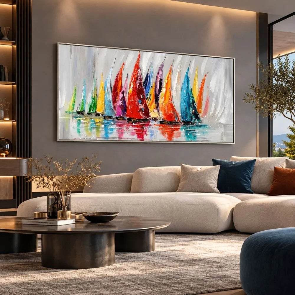 Regata di Emozioni Cromatiche è un quadro su tela con cornice argento di barche a vela astratto con pennellate colorate che simulano il vento e le onde. Uno dei nostri quadri su tela marini più amati.
