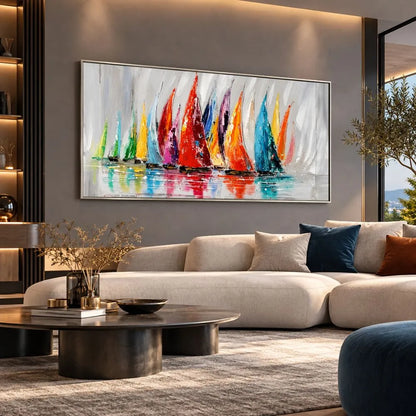 Regata di Emozioni Cromatiche è un quadro su tela con cornice argento di barche a vela astratto con pennellate colorate che simulano il vento e le onde. Uno dei nostri quadri su tela marini più amati.