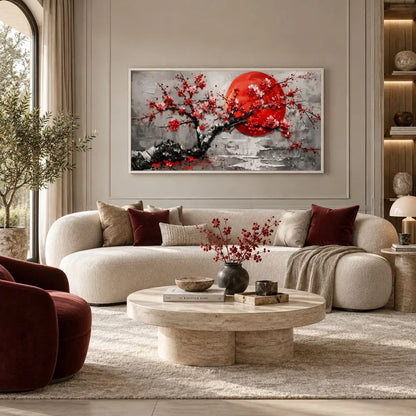 Rinascita sakura quadro su tela con cornice bianca giapponese albero fiorito rosso arredamento elegante soggiorno moderno