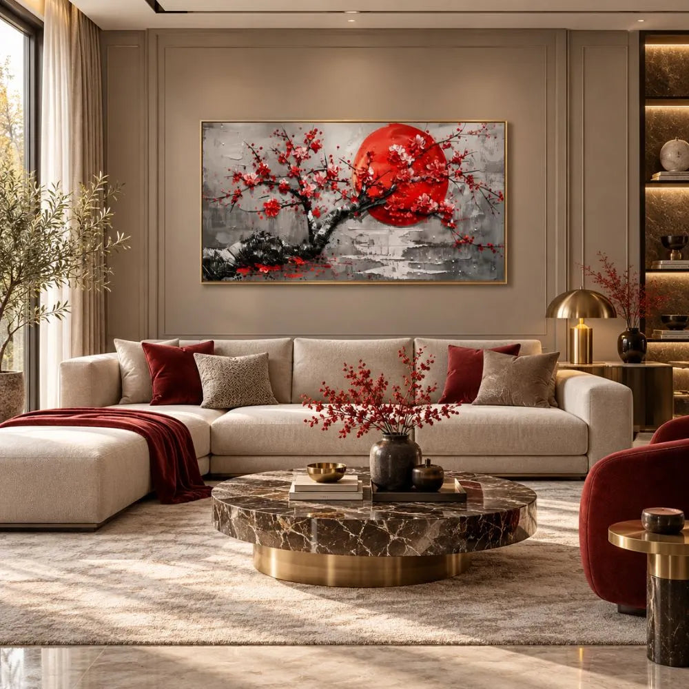 Rinascita sakura quadro su tela con cornice oro giapponese albero fiorito rosso arredamento elegante soggiorno moderno