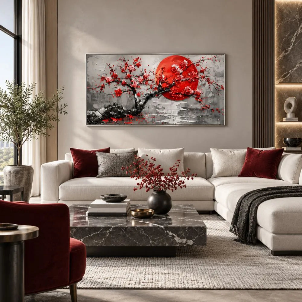 Rinascita sakura quadro su tela con cornice argento giapponese albero fiorito rosso arredamento elegante soggiorno moderno