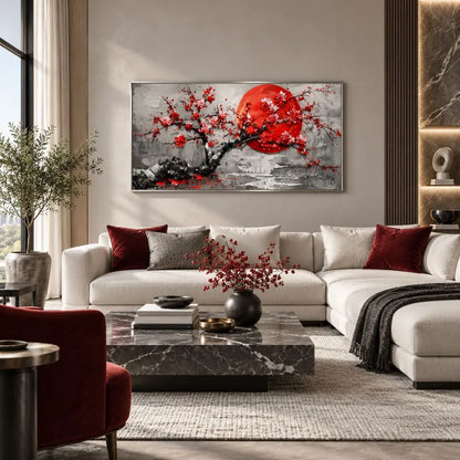Rinascita sakura quadro su tela con cornice argento giapponese albero fiorito rosso arredamento elegante soggiorno moderno