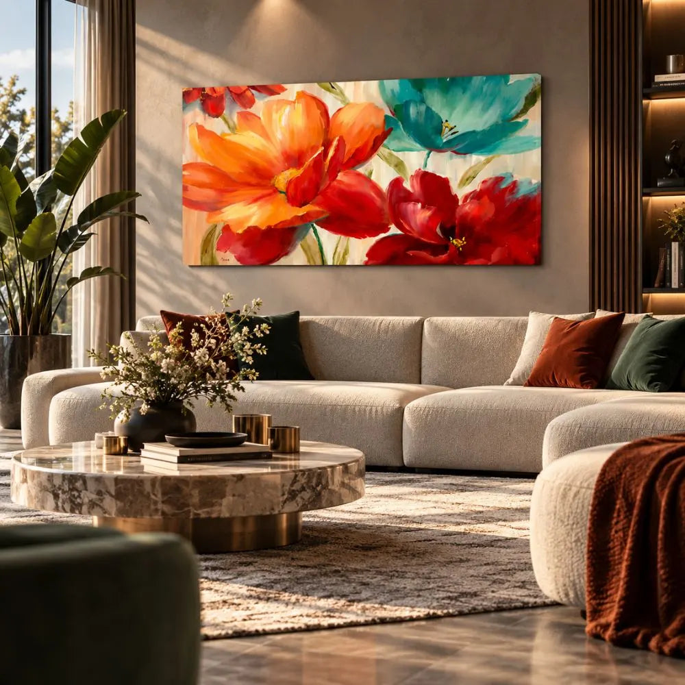 Quadro su tela Rinascita Floreale con fiori colorati in ambiente moderno elegante