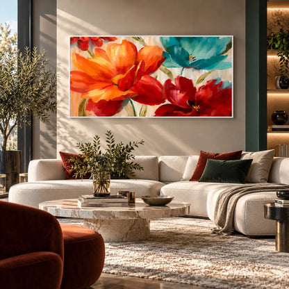 Quadro su tela Rinascita Floreale con fiori colorati e cornice bianca minimal in ambiente moderno elegante