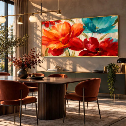 Quadro su tela Rinascita Floreale con fiori colorati e cornice oro minimal in ambiente moderno elegante