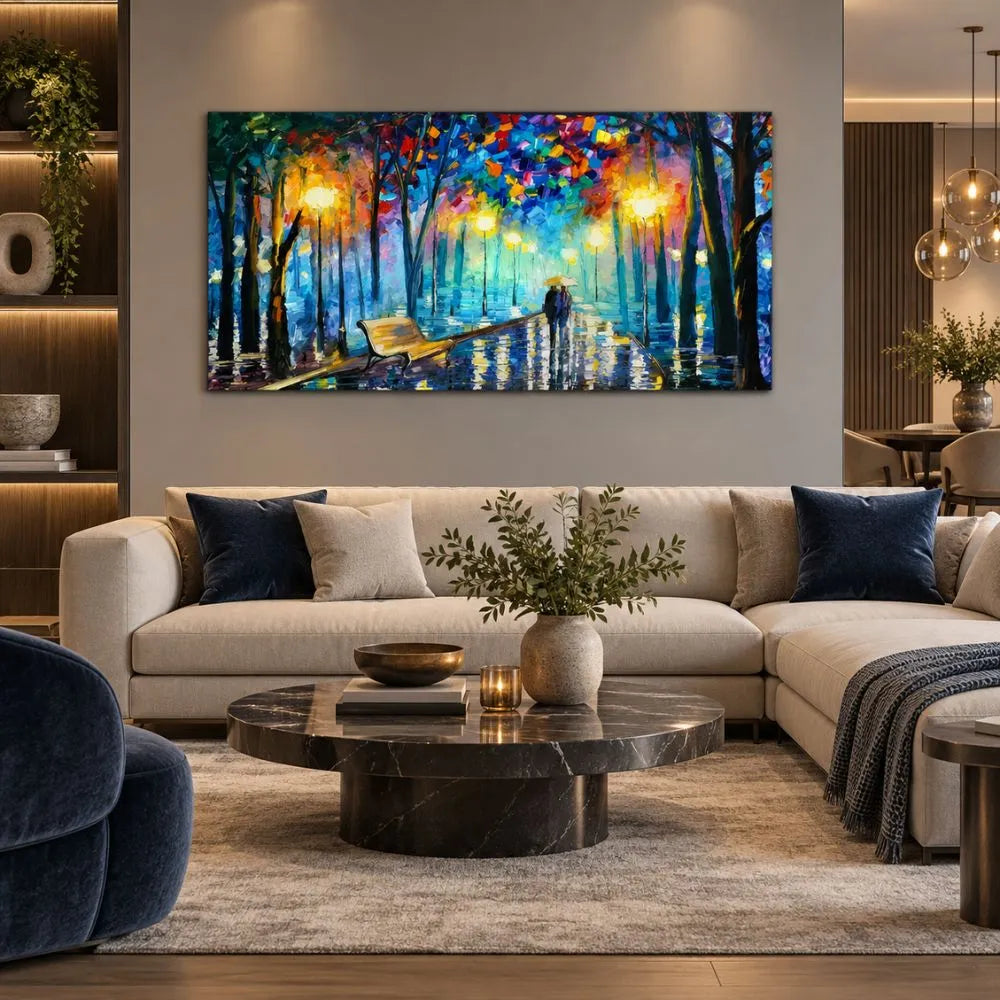 Romanticismo di Sera: quadro su tela di una coppia passeggiata moderna in un paesaggio serale e alberato. Stampa su tela romantica paesaggio serale ideale per la camera da letto.