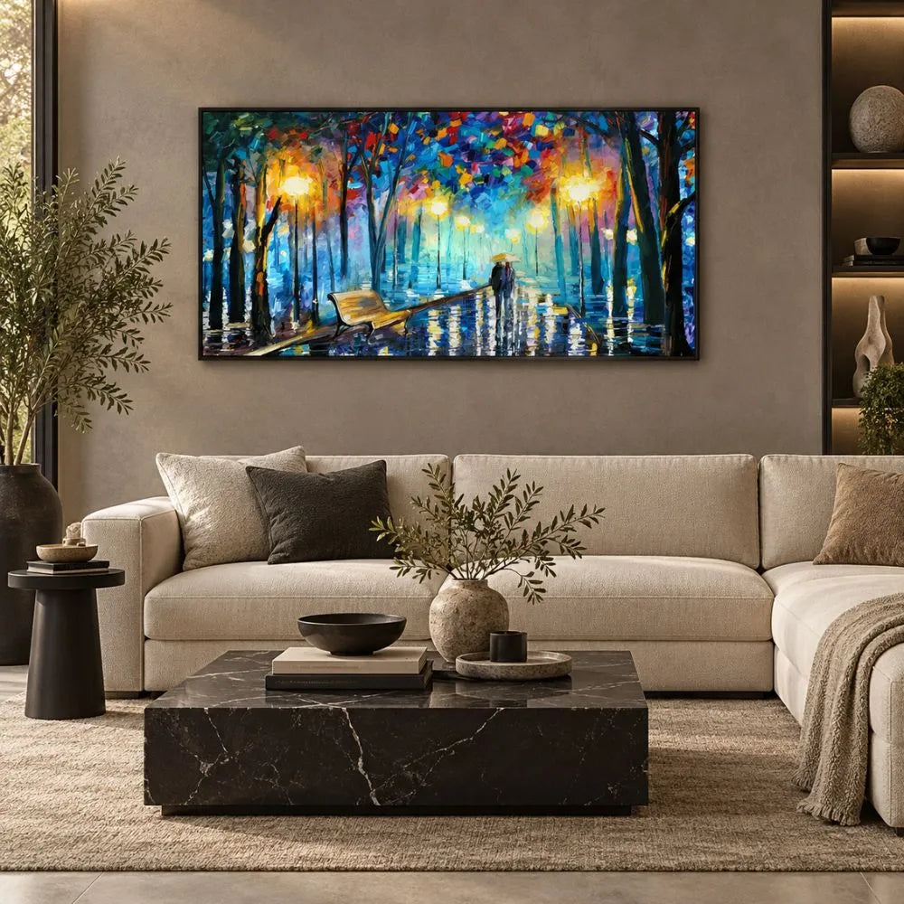 Romanticismo di Sera: quadro su tela con cornice nera di una coppia passeggiata moderna in un paesaggio serale e alberato. Stampa su tela romantica paesaggio serale ideale per la camera da letto.