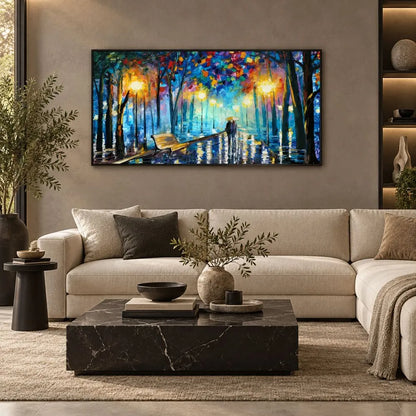 Romanticismo di Sera: quadro su tela con cornice nera di una coppia passeggiata moderna in un paesaggio serale e alberato. Stampa su tela romantica paesaggio serale ideale per la camera da letto.