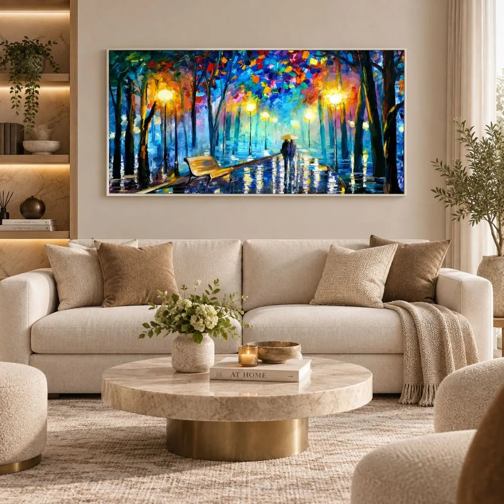 Romanticismo di Sera: quadro su tela con cornice bianca di una coppia passeggiata moderna in un paesaggio serale e alberato. Stampa su tela romantica paesaggio serale ideale per la camera da letto.