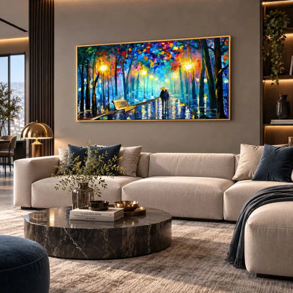 Romanticismo di Sera: quadro su tela con cornice oro di una coppia passeggiata moderna in un paesaggio serale e alberato. Stampa su tela romantica paesaggio serale ideale per la camera da letto.