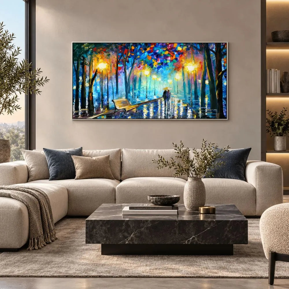 Romanticismo di Sera: quadro su tela con cornice argento di una coppia passeggiata moderna in un paesaggio serale e alberato. Stampa su tela romantica paesaggio serale ideale per la camera da letto.