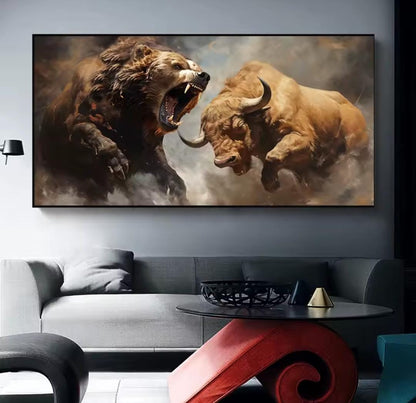 Scontro tra Titani: quadro toro e orso Finanza in un drammatico confronto notturno. Stampa su tela Wall Street che simboleggia la battaglia dei mercati, perfetta per ufficio.