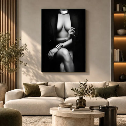 Sensualità quadro moderno su tela con figura femminile elegante in bianco e nero, ideale per arredare un soggiorno moderno e raffinato