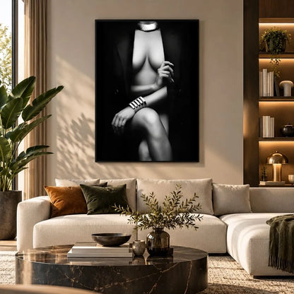 Sensualità quadro moderno su tela con cornice nera di una figura femminile elegante in bianco e nero, ideale per arredare un soggiorno moderno e raffinato