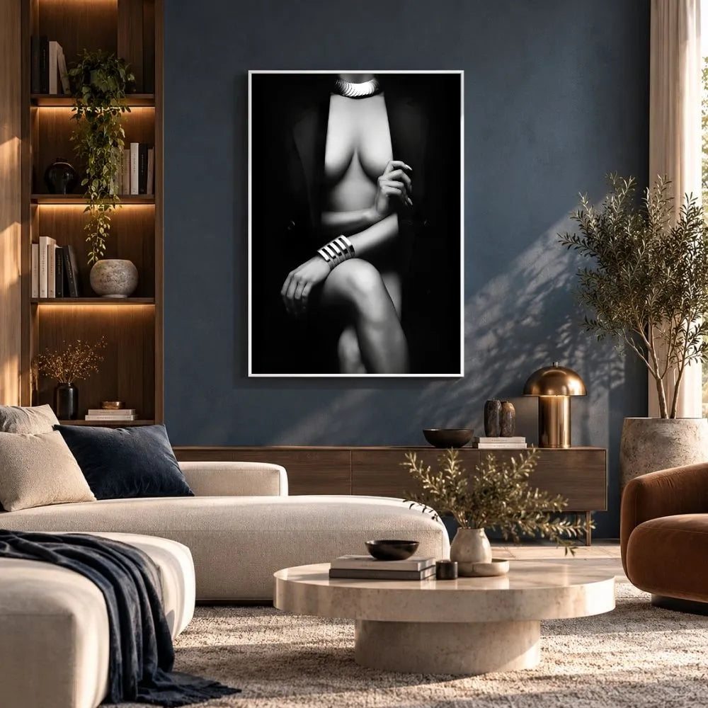 Sensualità quadro moderno su tela con cornice bianca di una figura femminile elegante in bianco e nero, ideale per arredare un soggiorno moderno e raffinato