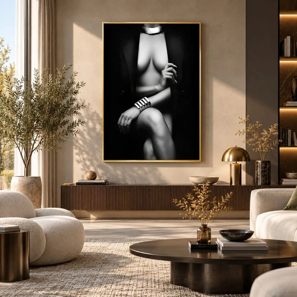 Sensualità quadro moderno su tela con cornice oro di una figura femminile elegante in bianco e nero, ideale per arredare un soggiorno moderno e raffinato