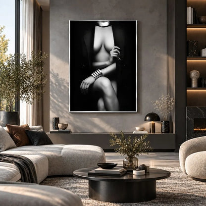 Sensualità quadro moderno su tela con cornice argento di una figura femminile elegante in bianco e nero, ideale per arredare un soggiorno moderno e raffinato